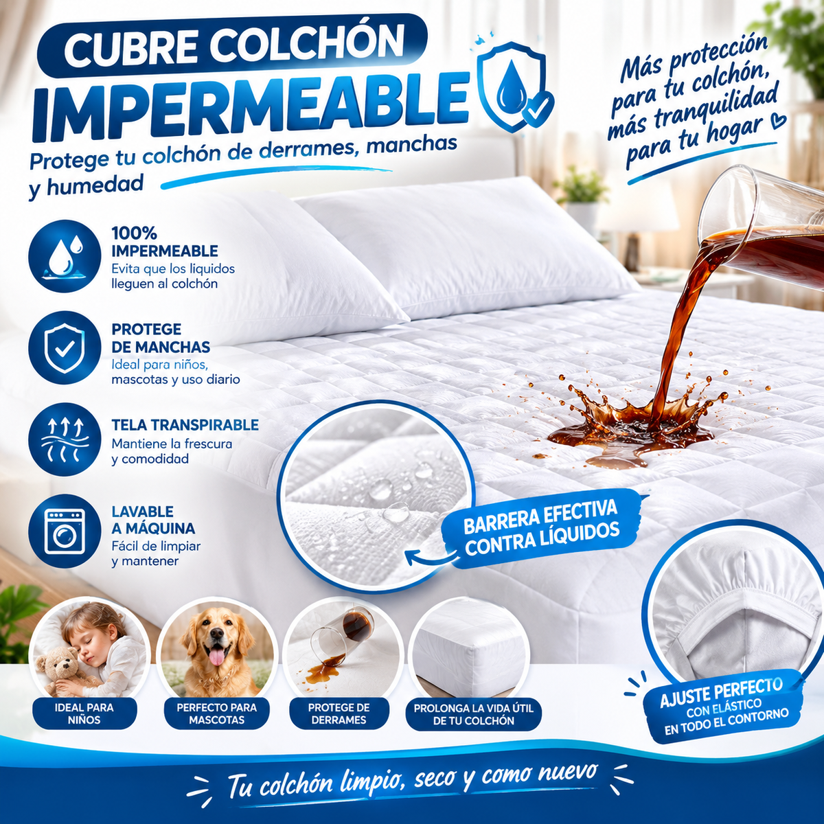 CUBRE COLCHON IMPERMEABLE: ¡Protege tu colchón de derrames y manchas todos los días!